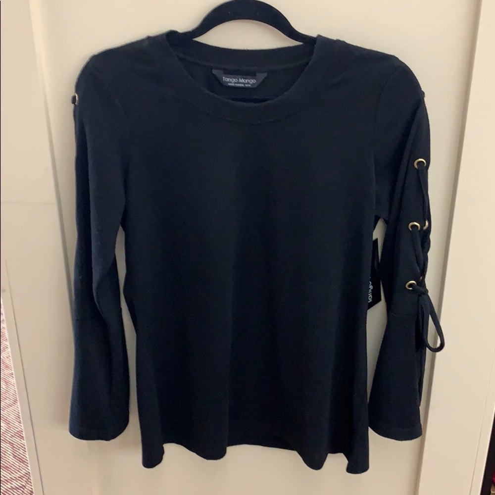 Black sweater with small gold round grommet & tie